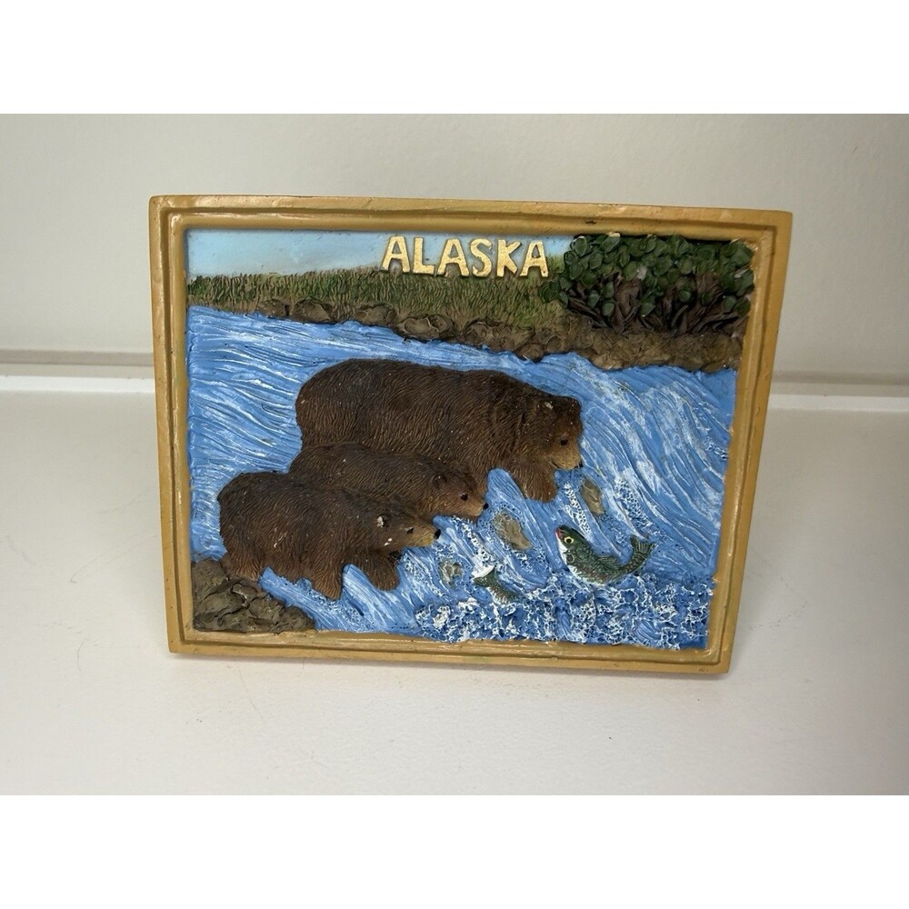 Vintage Alaska Bears Fishing Salmon 3D Souvenir Picture Frame 4x6 Decor